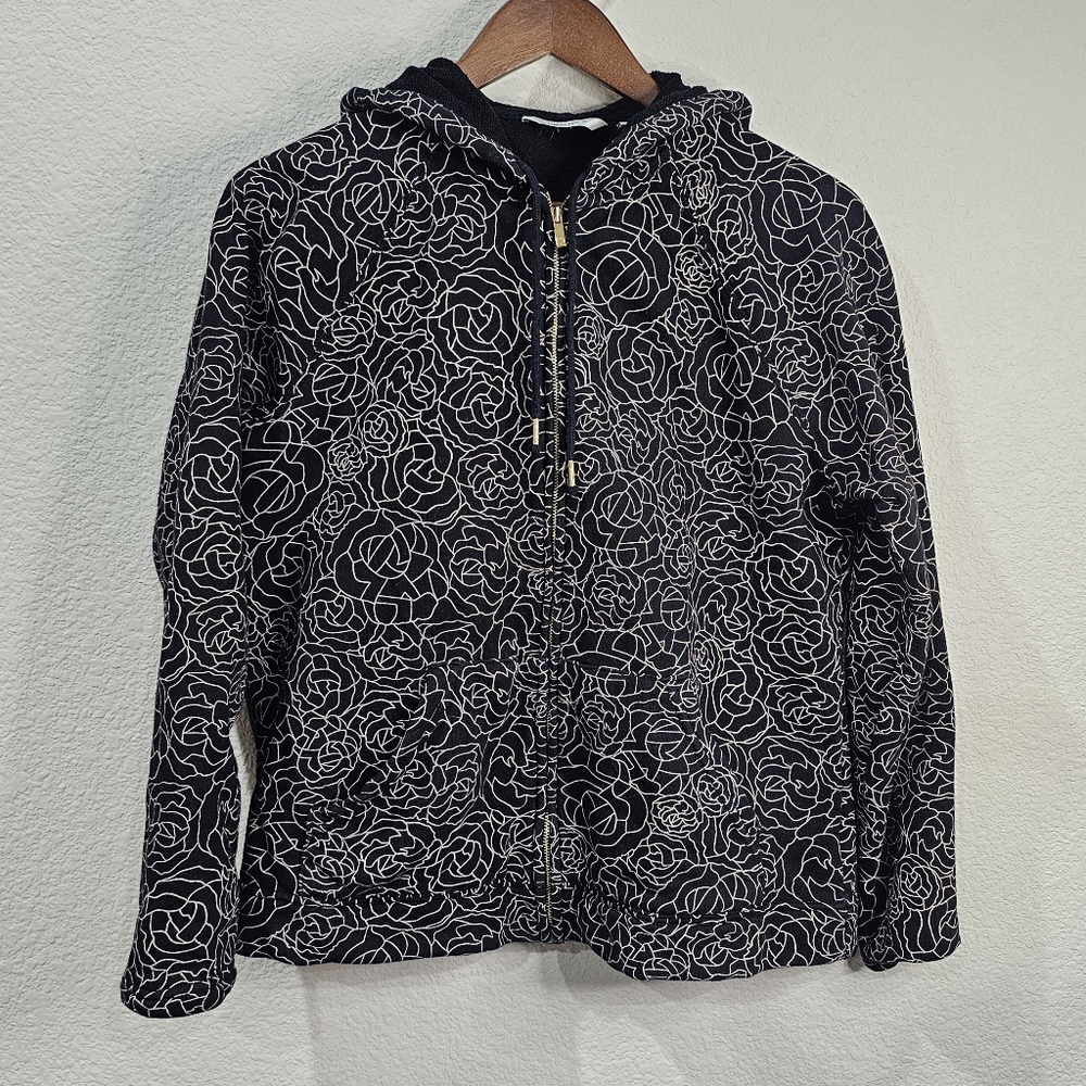 Liz Claiborne Zip Up Hoodie Black with roses Large 100% Cotton Jacket